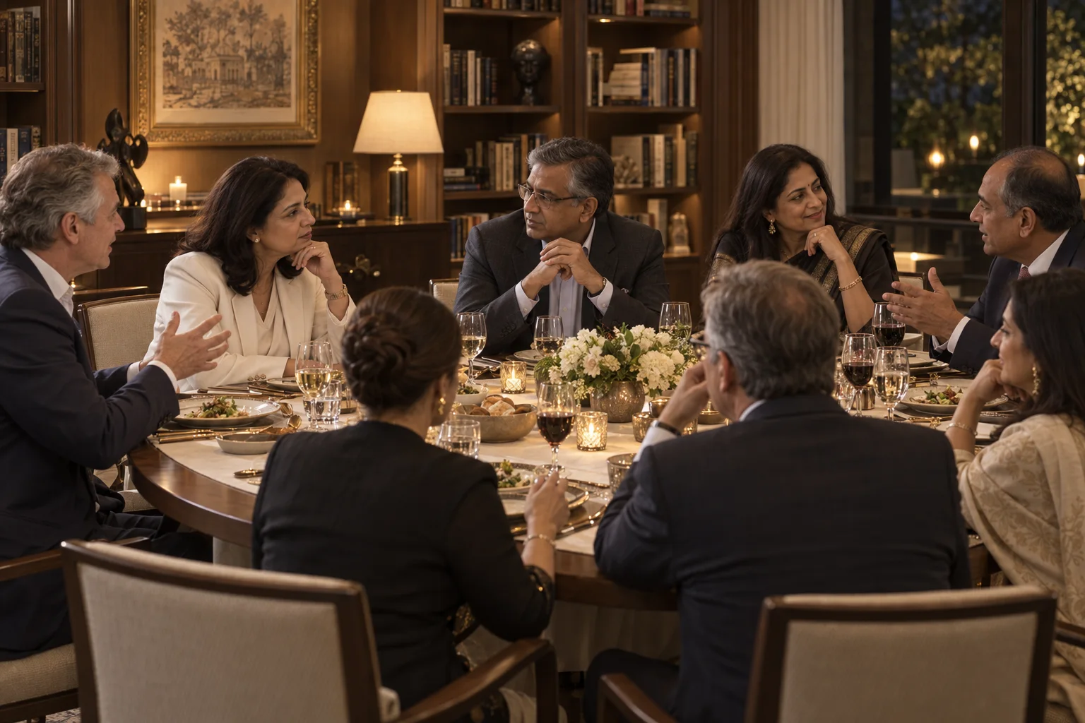An intimate gathering of senior leaders around a dining table