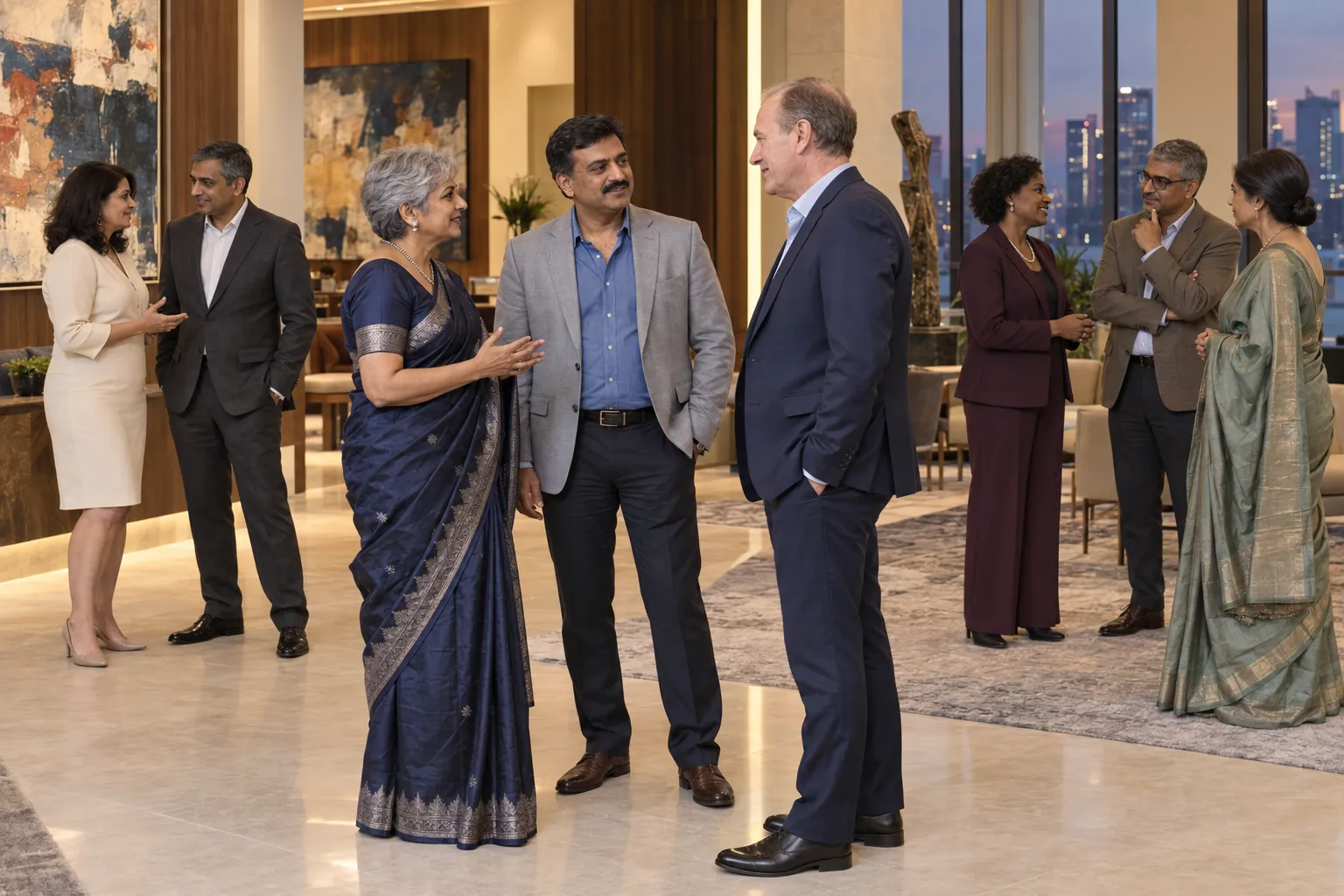 Senior leaders in conversation at an evening reception overlooking the city