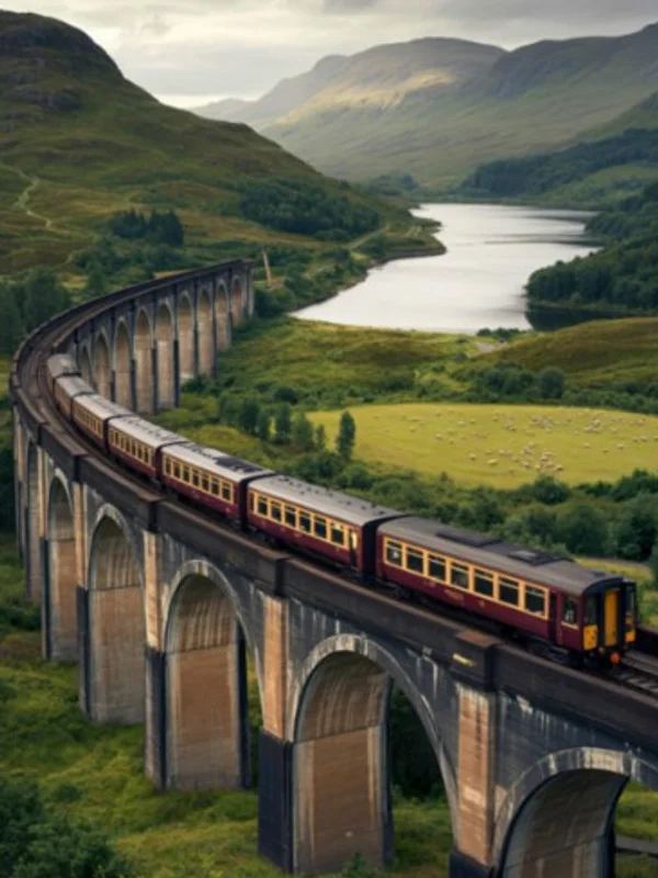 A railway viaduct crossing a green valley
