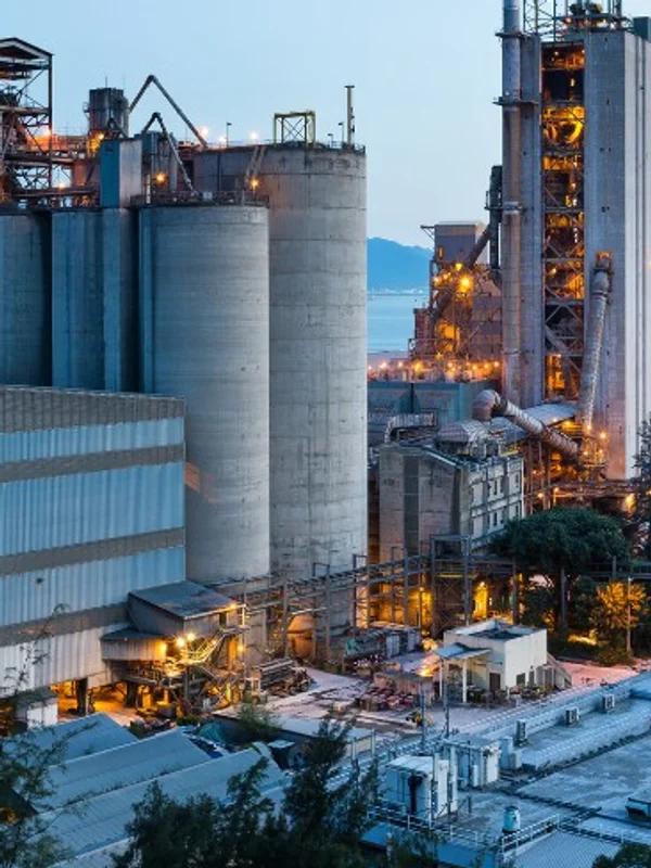 An industrial plant with tall silos at dusk