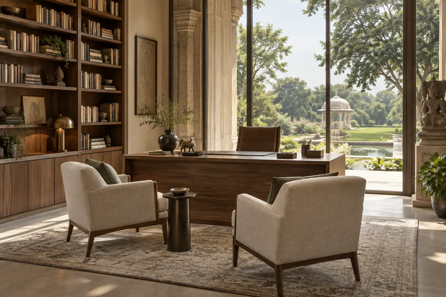 A quiet private study with two armchairs overlooking a garden
